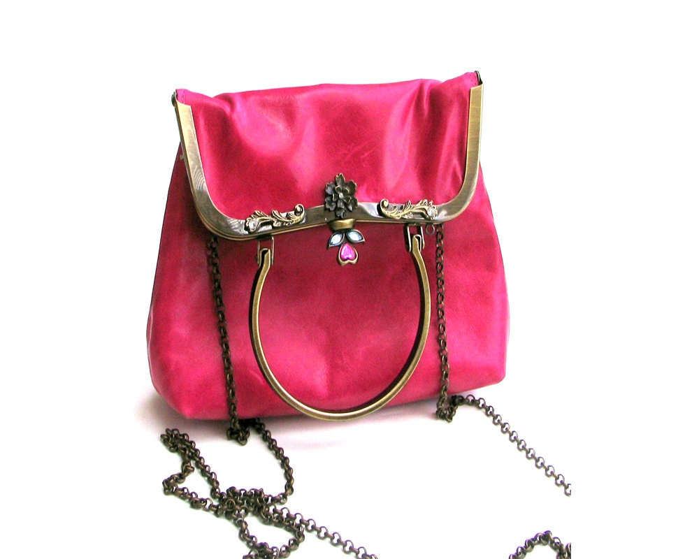 Fuchsia pink purse Custom leather bag Metal frame clutch Etsy