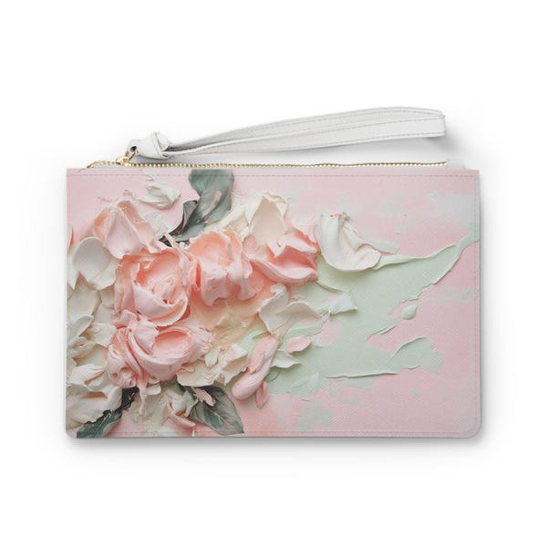 White Blue Floral Top Handle Clutch Handbag
