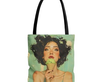 Pistachio Dream Tote Bag, Boho Retro Green Print
