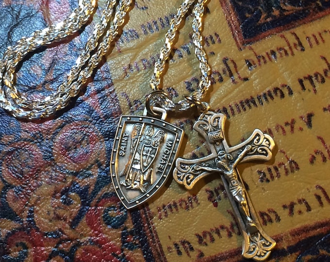 Sterling Mens St Michael Stacked Set .925 Sterling Silver Medal Crucifix WITH Heavy Sterling Chain