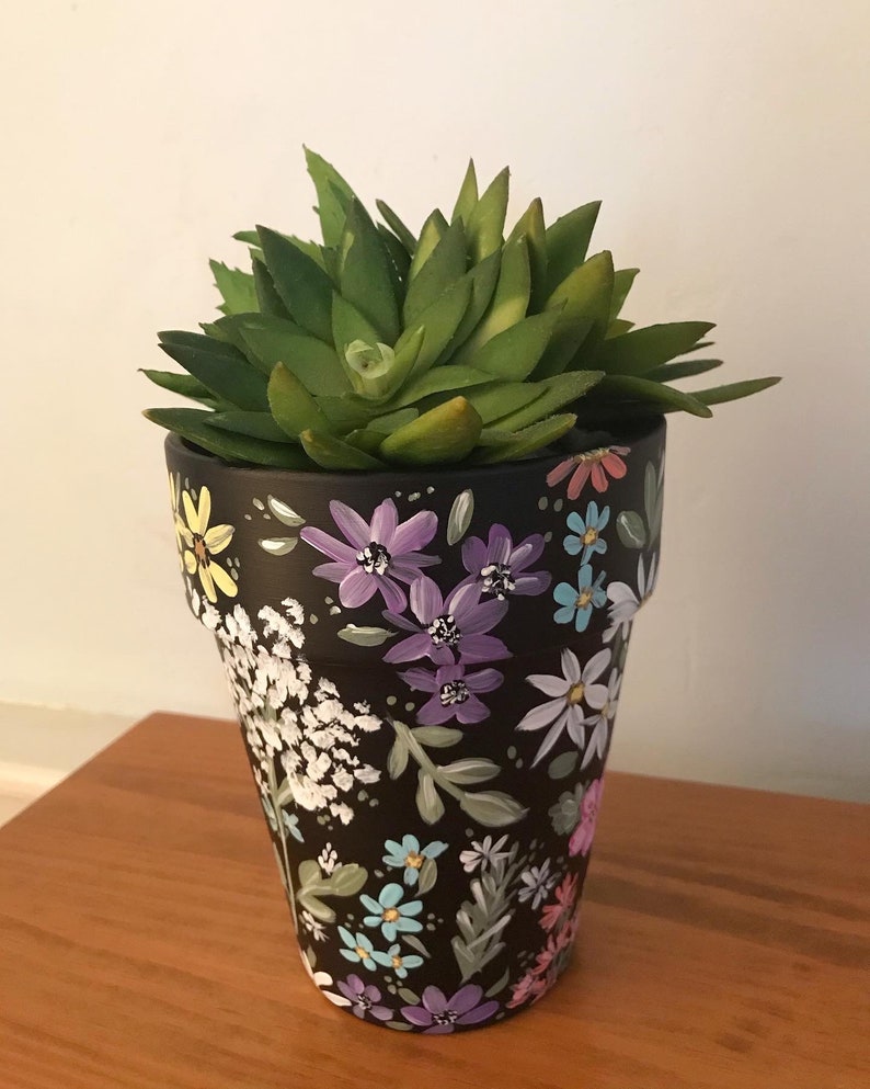 May include: A black planter pot with a floral design painted on it. The pot is filled with a green succulent plant.