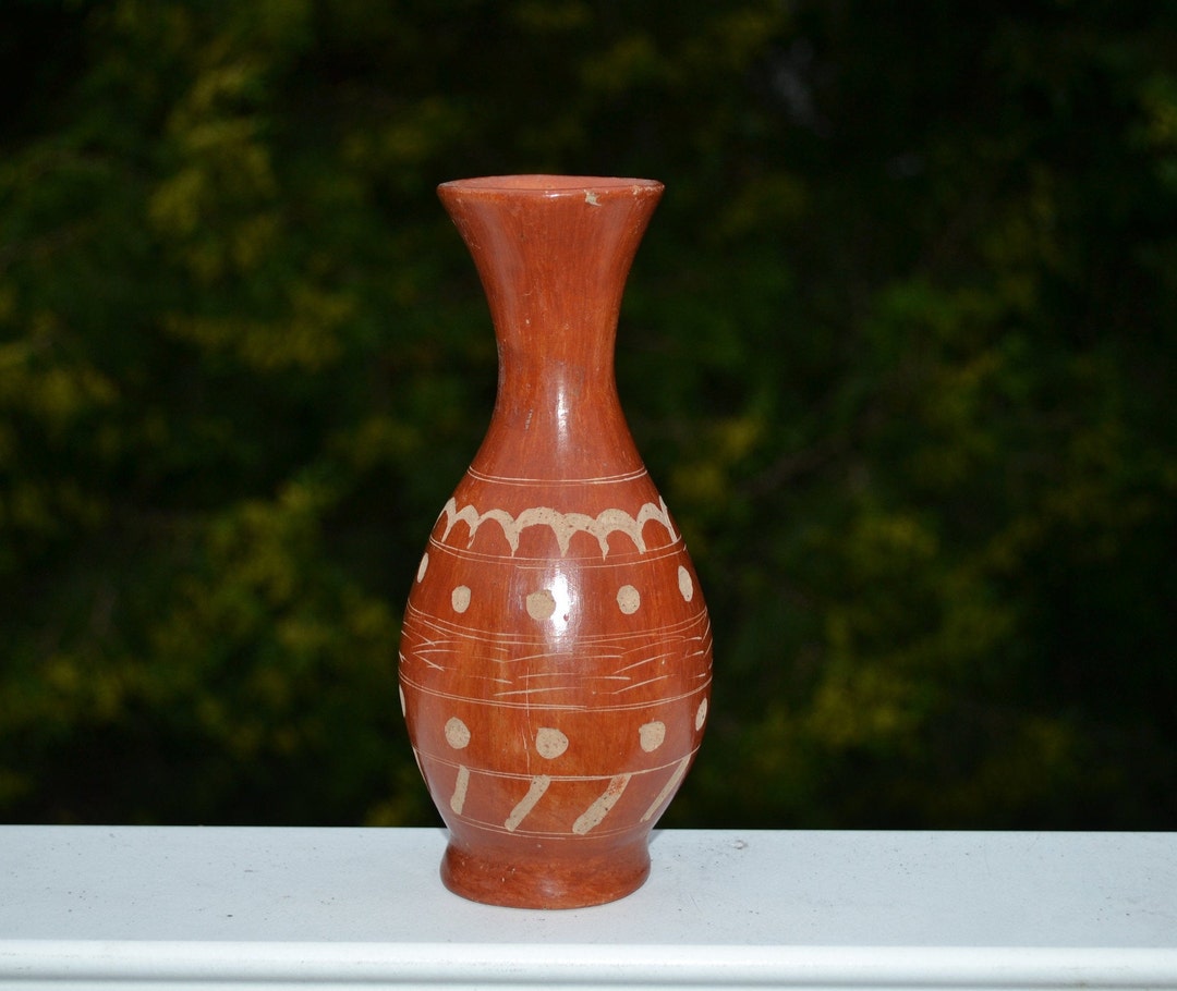Vintage Clay Vase With Etched Design Etsy