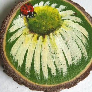 Ladybird on Daisy - Hand painted wooden slice painting- Home Decor
