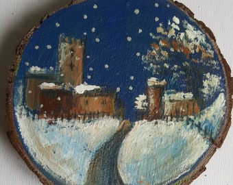 Hand painted wooden slice painting-  Snowscene - hanging ornament