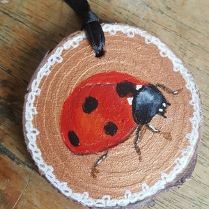 Ladybug & Lace - Hand painted wooden slice painting-   - hanging ornament - Home Decor