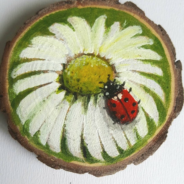 Ladybird on Daisy - Hand painted wooden slice painting- Home Decor