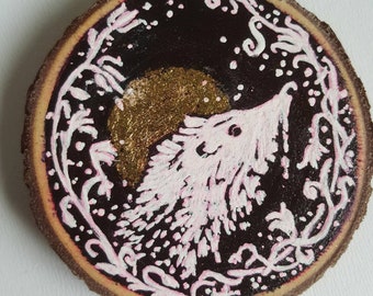 Hedgehog & Moon - Hand Painted Wooden Slice Painting - Animal Art  - Hanging Ornament - Home Decor - Wildlife Art