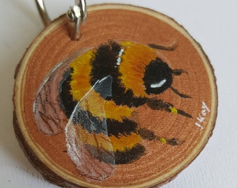 Bumble Bee Hand painted wooden slice painting-  Key Ring - Bag Charm - hanging ornament
