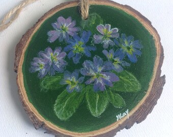 Blue Primula Flower Hand painted wooden slice painting - Hanging ornament