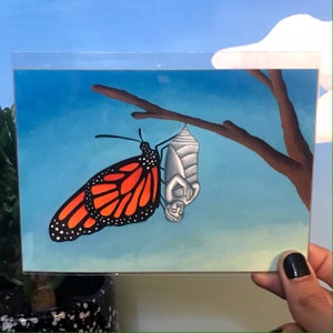 May include: A monarch butterfly with orange and black wings is perched on a branch. A white cocoon with a figure inside hangs from the branch.
