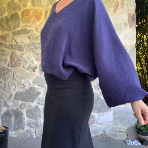 PARIS textured tencel aubergine V neck blouse with back slit opening flowy shops full dolman sleeves and gathered sleeve hem