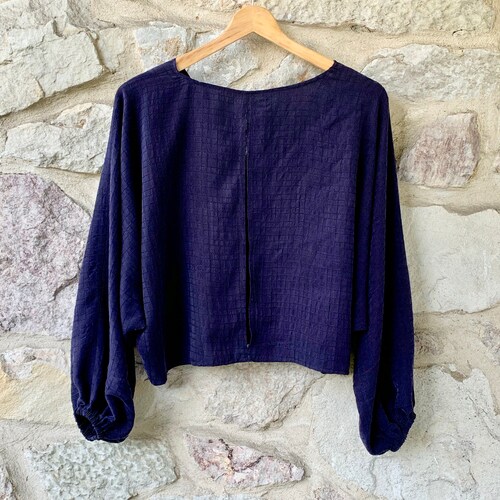 PARIS textured tencel aubergine V neck blouse with back slit opening flowy shops full dolman sleeves and gathered sleeve hem