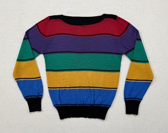 1970's, wool blend, slit neck, thin sweater in burgundy, violet, green, brown mustard and blue stripes