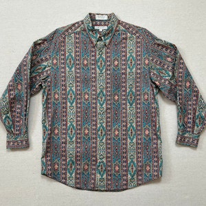 1990&#39;s, cotton, button up, collar shirt in blues, grays, red and yellow, ornate print by Claiborne