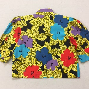 1990's, puffy shoulder, cropped jacket and dropped yoke, mini-skirt set, in colorful, African, floral print image 6