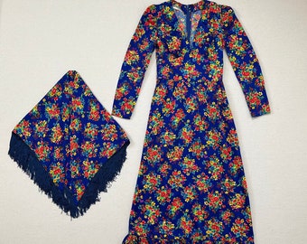 1970's, V-neck, empire waist, ruffle bottom, maxi dress with matching shawl in royal blue with colorful floral print