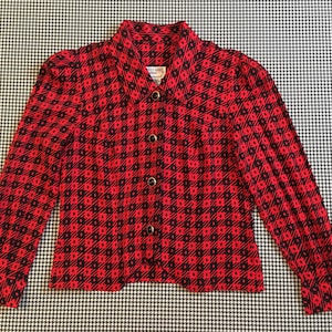 1990's, rayon, blazer style, blouse, in red and black plaid and diamond print, Women's size Medium