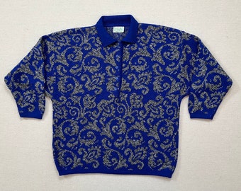 1980's, button neck, collared sweater in indigo with ornate print in charcoal, by Benetton