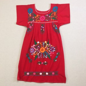 1980's, short sleeve, short hem, peasant dress, in red, with colorful embroidery