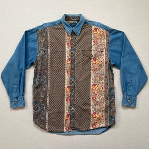1990&#39;s, cotton, button up, collar shirt in denim and floral print in browns, terracottas and teal