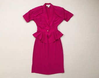 1980's, silk, peplum blouse and pencil skirt set, in fuchsia