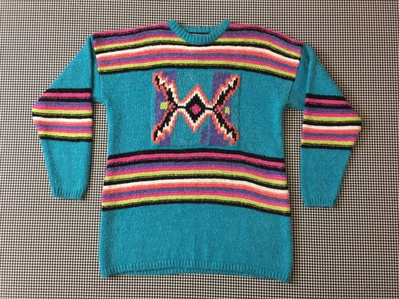 1980's Tunic Sweater in Turquoise With Pink Purple | Etsy