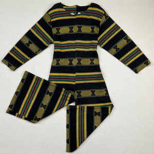 1990&#39;s, cotton, tie waist, cropped wide leg romper in black, yellow, green, white and burgundy Kente Cloth