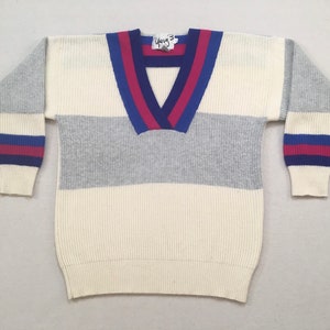 1980&#39;s, oversized, Wide V-neck, fuzzy wool sweater, in cream and gray with blue, indigo and magenta trim
