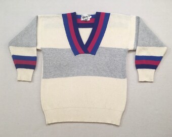 1980's, oversized, Wide V-neck, fuzzy wool sweater, in cream and gray with blue, indigo and magenta trim