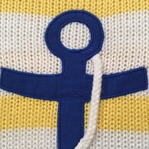 1980's, 3/4 sleeve, anchor, tunic sweater, in white with yellow stripes and blue trim, by Catalina image 3