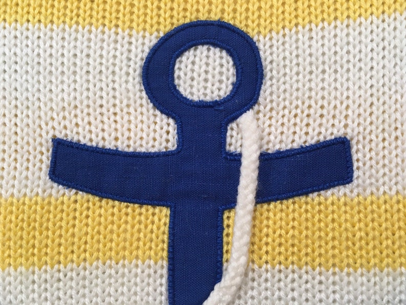 1980's, 3/4 sleeve, anchor, tunic sweater, in white with yellow stripes and blue trim, by Catalina image 3