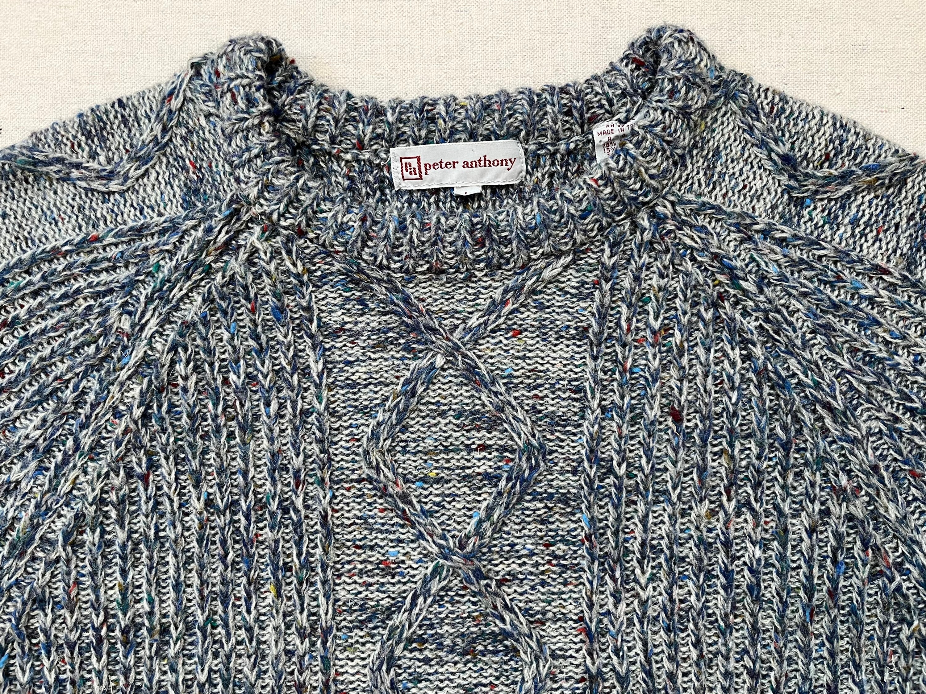 1970's, Wool Blend, Cableknit Sweater in Heathered Blue