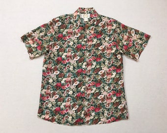 1990's, silk, short sleeve, button up, collar blouse, in floral print