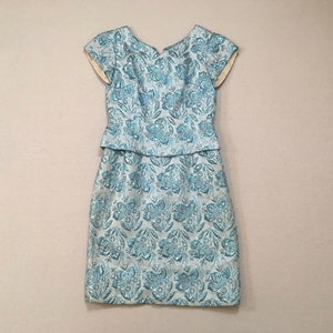 1960&#39;s, cap sleeve, dress, in sparkly, metallic, blue and silver, floral design