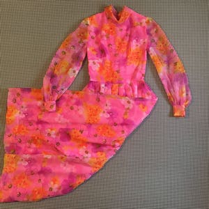 1960&#39;s, floral, sheer taffeta, maxi dress, in pinks, purples, and oranges, Women&#39;s size Small