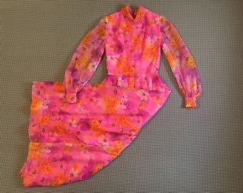 1960, Blumen, schiere Taft, Maxi-Kleid, rosa, Purpur und Orangen, Damen Größe Small