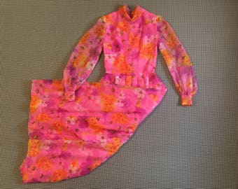 1960's, floral, sheer taffeta, maxi dress, in pinks, purples, and oranges, Women's size Small