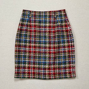 1990&#39;s, woven, wool blend, high waist, pencil skirt in red, blue, yellow, green, black and white houndstooth plaid by LizWear