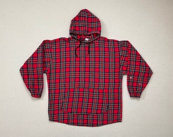 1990's, flannel hoodie in red, blue, green and white plaid