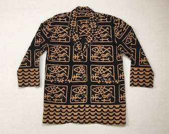 1990's, woven cotton, oversized jacket, in black with tan, fish design