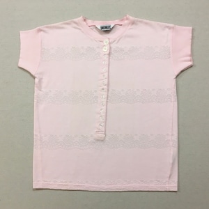 1980&#39;s, cap sleeve, button front, tee, in pale pink, with perforated, floral design, by Unionbay