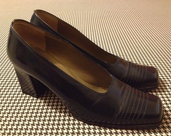 1990's, navy blue leather, square toe shoes, with chunky heels, by Yves Saint Laurent, Women's size 8.5M