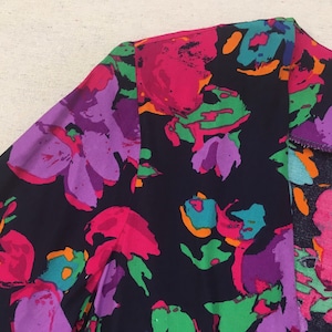 1990's, collarless, tailored waist, rayon blazer, in navy with purples, fuchsia, teal, blue, orange and green, floral print image 4