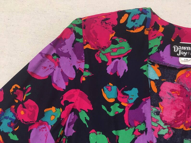 1990's, collarless, tailored waist, rayon blazer, in navy with purples, fuchsia, teal, blue, orange and green, floral print image 4