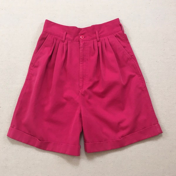 1980's, high waist, pleated front, cuffed leg, shorts, in fuchsia