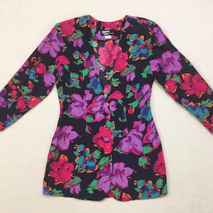 1990's, collarless, tailored waist, rayon blazer, in navy with purples, fuchsia, teal, blue, orange and green, floral print image 1