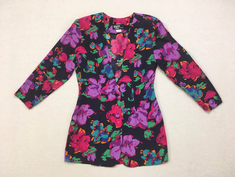 1990's, collarless, tailored waist, rayon blazer, in navy with purples, fuchsia, teal, blue, orange and green, floral print image 1