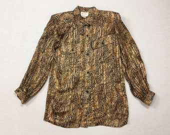 1980's, sheer, silk, cheetah print, blouse, in brown and black