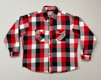 1980's, flannel, collar shirt in red, white and gray plaid, by Five Brother