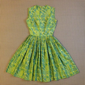 1950&#39;s, sleeveless, paisley print, circle skirt, dress, in greens, and blue, Women&#39;s size Small/XS